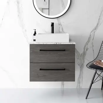 Elba Charcoal Elm Wall Hung Drawer Vanity with Marble Top & Cody Basin 600mm - Black Accents