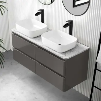 Corsica Tungsten Grey Wall Hung Drawer Vanity with Marble Top & Curved Counter Top Basin 1200mm