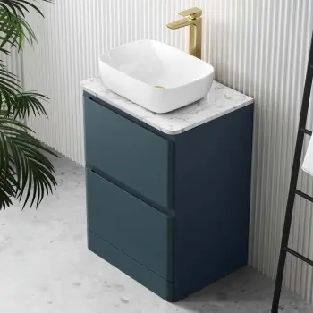 Corsica Inky Blue Vanity Drawer with Marble Top & Curved Counter Top Basin 600mm