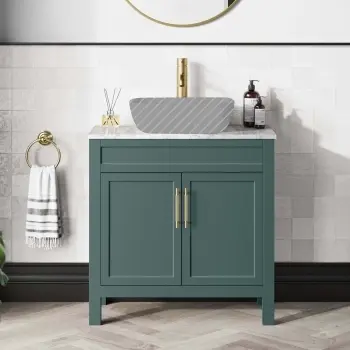Bermuda Midnight Green Cabinet with Marble Top 800mm (Excludes Basin) - Brass Knurled Handles