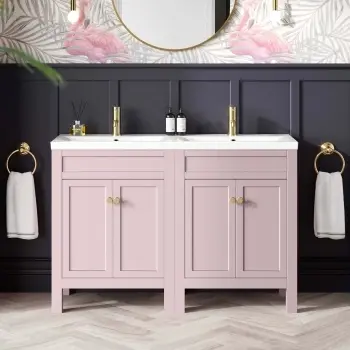 Bermuda Cashmere Pink Double Basin Vanity 1200mm - Brushed Brass Accents