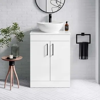 Mersey Gloss White Vanity with Oval Basin 600mm - Black Accents
