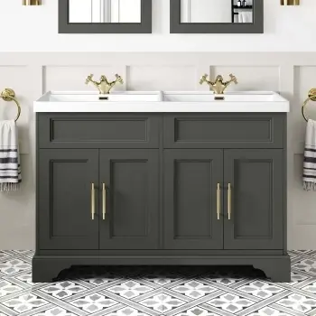 Lucia Graphite Grey Double Basin Vanity 1200mm - Brass Knurled Handles