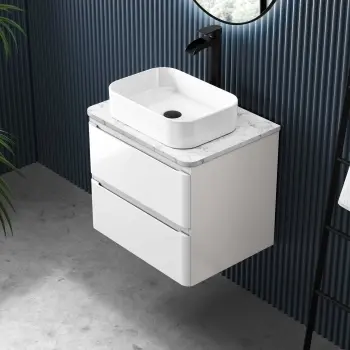 Corsica Gloss White Wall Hung Drawer Vanity with Marble Top & Marin Basin 600mm