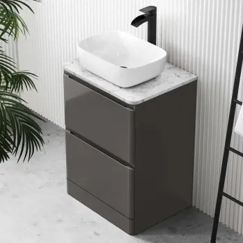 Corsica Tungsten Grey Vanity Drawer with Marble Top & Curved Counter Top Basin 600mm