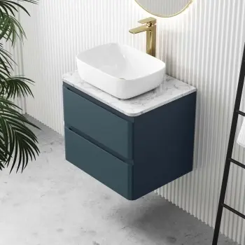 Corsica Inky Blue Wall Hung Drawer Vanity with Marble Top & Curved Counter Top Basin 600mm