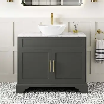 Lucia Graphite Grey Vanity with Marble Top & Oval Counter Top Basin 1030mm - Brass Knurled Handles