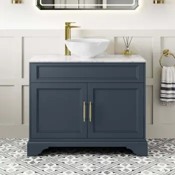 Lucia Inky Blue Vanity with Marble Top & Round Counter Top Basin 1030mm - Brass Knurled Handles