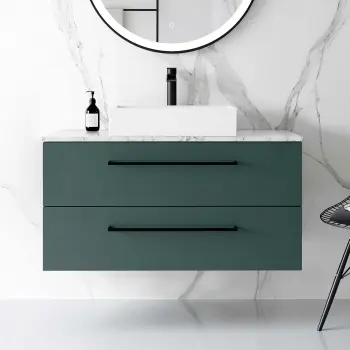 Elba Midnight Green Wall Hung Drawer Vanity with Marble Top & Cody Basin 1000mm - Black Accents