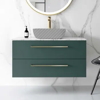 Elba Midnight Green Wall Hung Drawer Vanity 1000mm (No Basin) - Brushed Brass Accents