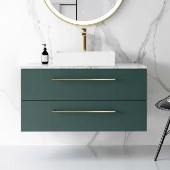 Elba Midnight Green Wall Hung Drawer Vanity Marble Top & Cody Basin 1000mm - Brushed Brass Accents