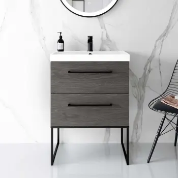 Elba Charcoal Elm Wall Hung Basin Drawer Vanity 600mm with Matt Black Stand