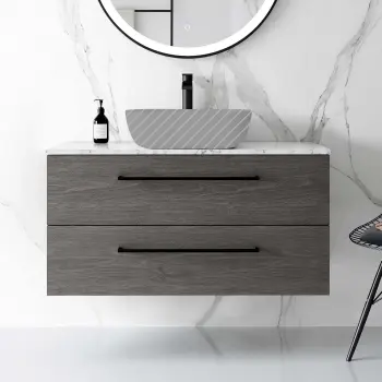 Elba Charcoal Elm Wall Hung Drawer Vanity 1000mm Excludes Counter Top Basin - Black Accents