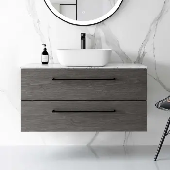 Elba Charcoal Elm Wall Hung Vanity Marble Top & Curved Counter Top Basin 1000mm - Black Accents