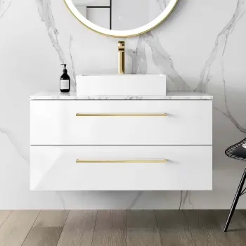 Elba Gloss White Wall Hung Drawer Vanity with Marble Top & Cody Basin 1000mm - Brushed Brass Accents