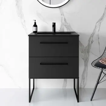 Elba Matt Black Wall Hung Basin Drawer Vanity 600mm with Matt Black Stand