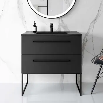 Elba Matt Black Wall Hung Basin Drawer Vanity 800mm with Matt Black Stand