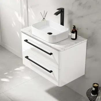 Omaha Gloss White Wall Hung Drawer Vanity with Marble Top & Marin Basin 800mm - Black Accents
