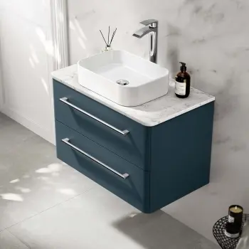 Omaha Navy Blue Wall Hung Drawer Vanity with Marble Top & Marin Basin 800mm