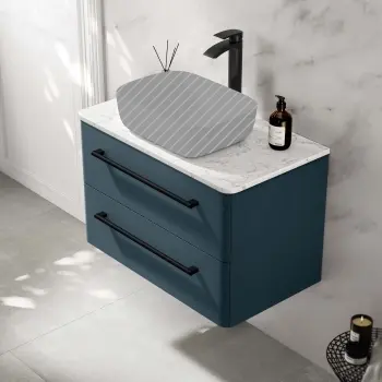 Omaha Navy Blue Wall Hung Drawer Vanity Marble Top 800mm (No Basin) - Black Accents