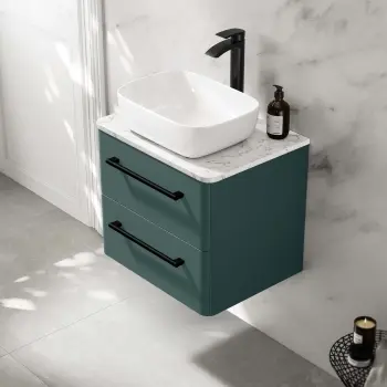 Omaha Mystic Green Wall Hung Vanity Marble Top & Curved Counter Top Basin 600mm - Black Accents