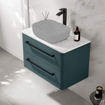 Omaha Mystic Green Wall Hung Drawer Vanity Marble Top 800mm (No Basin) - Black Accents