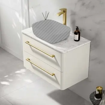 Omaha Linen White Wall Hung Drawer Vanity Marble Top 800mm (No Basin) - Brushed Brass Accents