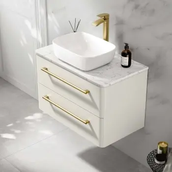 Omaha Linen White Wall Hung Vanity Marble Top & Curved Counter Top Basin 800mm - Brass Accents