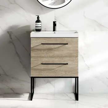 Elba Dawn Oak Wall Hung Basin Drawer Vanity 600mm with Matt Black Stand