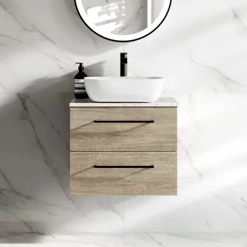 Elba Dawn Oak Wall Hung Drawer Vanity Marble Top & Curved Counter Top Basin 600mm - Black Accents