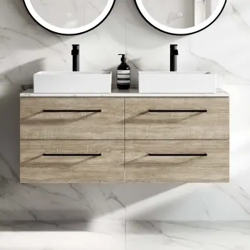Elba Dawn Oak Double Wall Hung Drawer Vanity with Marble Top & Cody Basin 1200mm - Black Accents