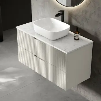 Crete Fluted Linen White Wall Hung Drawer Vanity with Marble Top & Curved Basin 1000mm