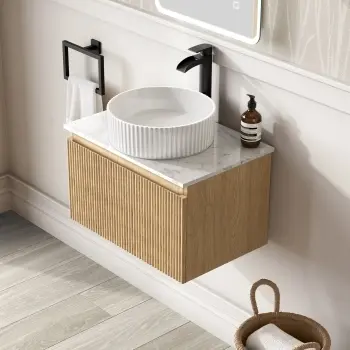 Malta Fluted Country Oak Wall Hung Drawer Vanity with Marble Top & Nevis Basin 600mm