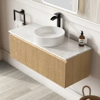 Malta Fluted Country Oak Wall Hung Drawer Vanity with Marble Top & Nevis Basin 1000mm