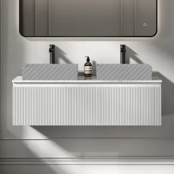Malta Fluted Coastal White Double Wall Hung Drawer Vanity Marble Top 1200mm - No Basin