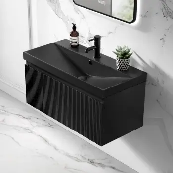 Malta Fluted Matt Black Wall Hung Drawer Vanity with Matt Black Basin 800mm