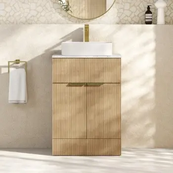 Havana Fluted Country Oak Cabinet with Marble Top & Marin Basin 600mm - Brushed Brass Accents