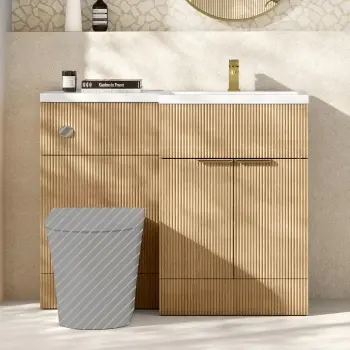 Havana Fluted Country Oak Basin Vanity and Toilet Unit 1100mm (No Toilet) - Brass Accents - Right