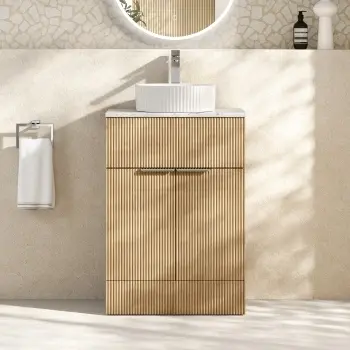 Havana Fluted Country Oak Cabinet with Marble Top & Nevis Basin 600mm - Chrome Handles