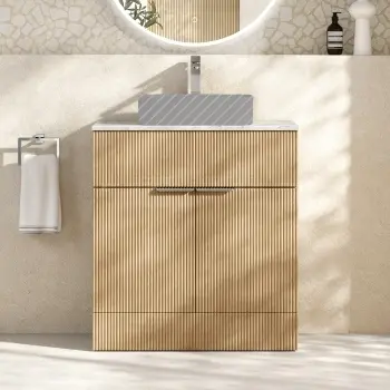 Havana Fluted Country Oak Cabinet with Marble Top 800mm (No Basin) - Chrome Handles