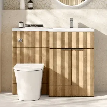Havana Fluted Country Oak Vanity Basin and Tucson Toilet 1100mm - Chrome Handles - Right Handed