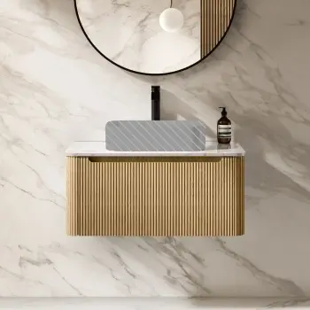 Sorrento Fluted Country Oak Wall Hung Drawer Vanity with Marble Top 800mm - No Basin