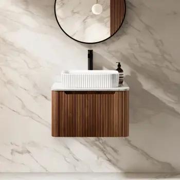 Sorrento Fluted Black Walnut Wall Hung Drawer Vanity with Marble Top & Reno Basin 600mm