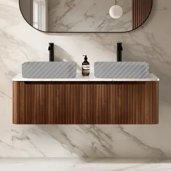 Sorrento Fluted Black Walnut Double Wall Hung Drawer Vanity with Marble Top 1200mm - No Basin
