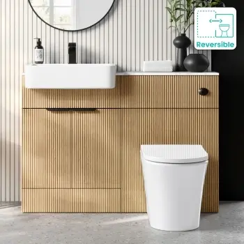 Sicily Fluted Country Oak Vanity Basin with Marble Top & Tucson Toilet 1200mm - Black Accents