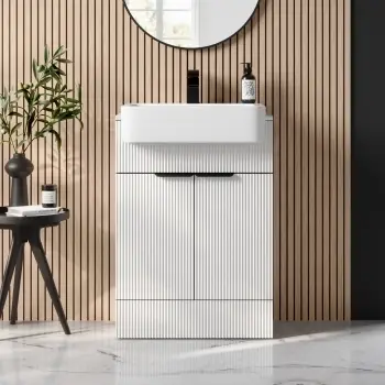 Sicily Fluted Coastal White Vanity with Semi Recessed Basin 600mm - Black Accents