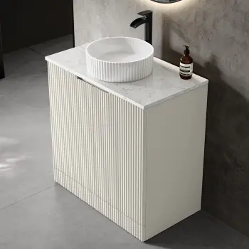 Crete Fluted Linen White Vanity with Marble Top & Nevis Basin 800mm