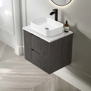 Crete Fluted Charcoal Elm Wall Hung Drawer Vanity with Marble Top & Marin Basin 600mm