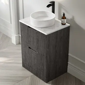 Crete Fluted Charcoal Elm Vanity Drawer with Marble Top & Nevis Basin 600mm