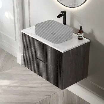 Crete Fluted Charcoal Elm Wall Hung Drawer Vanity with Marble Top 800mm - Excludes Counter Top Basin